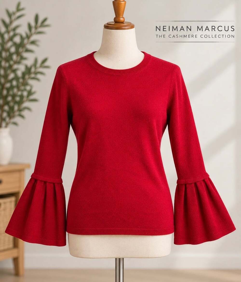 Neiman Marcus 100% Cashmere Bell Sleeve Sweater XS Red Statement Knit